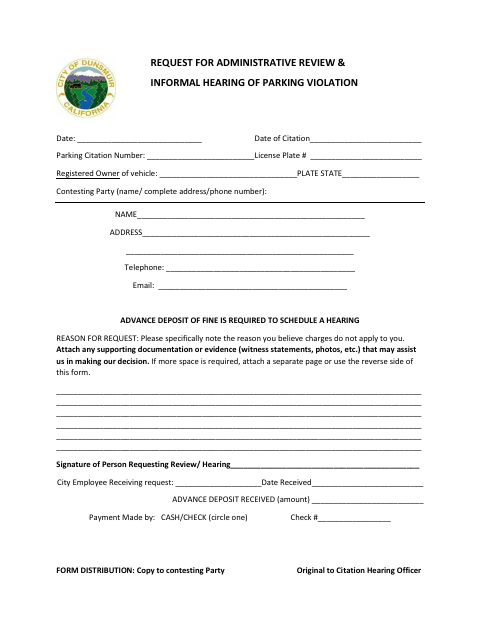 First page of the Request for Administrative Review and Informal Hearing of Parking Violation
