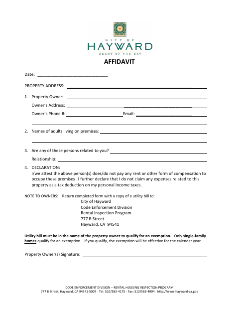First page of the Rental Housing Inspection Program Affidavit