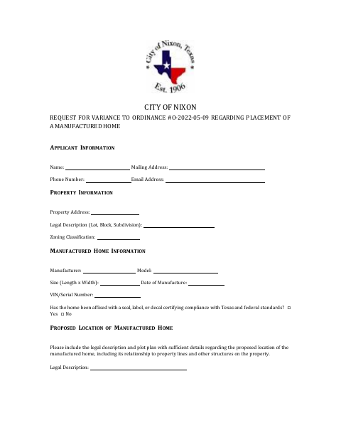 First page of the Request for Variance to Manufactured Home Placement Ordinance