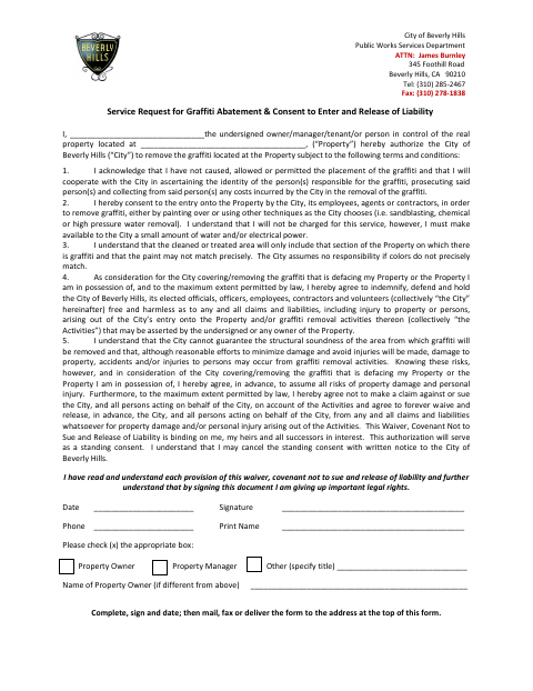 First page of the Service Request for Graffiti Abatement and Consent to Enter