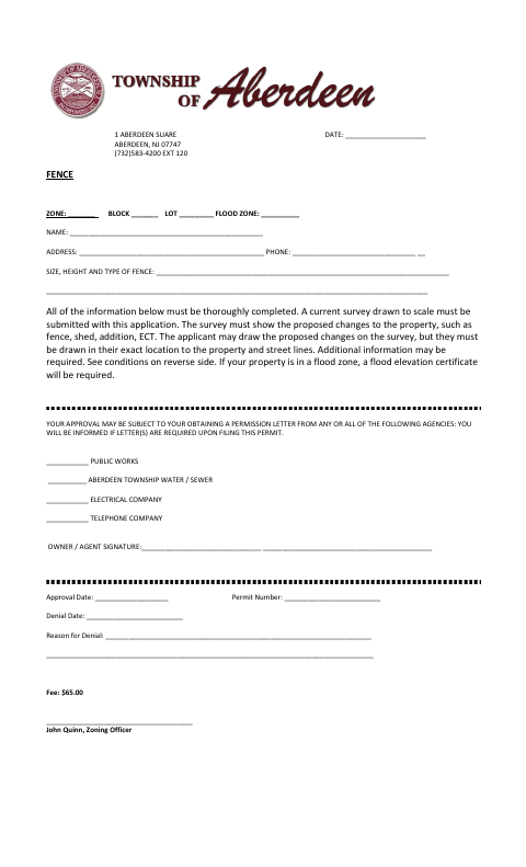 First page of the Permit for Fencing