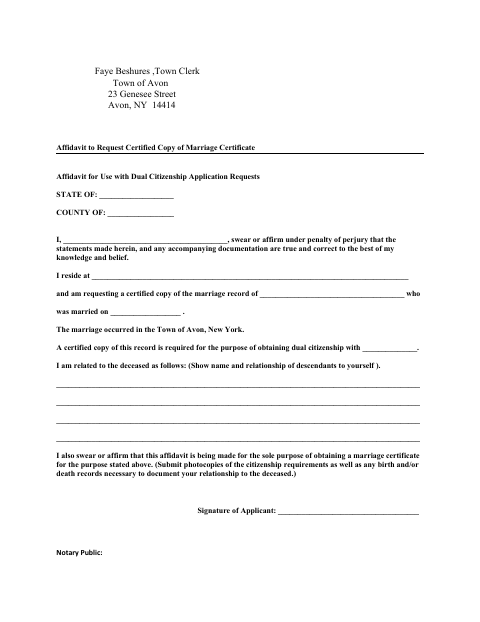 First page of the Marriage Certificate Affidavit