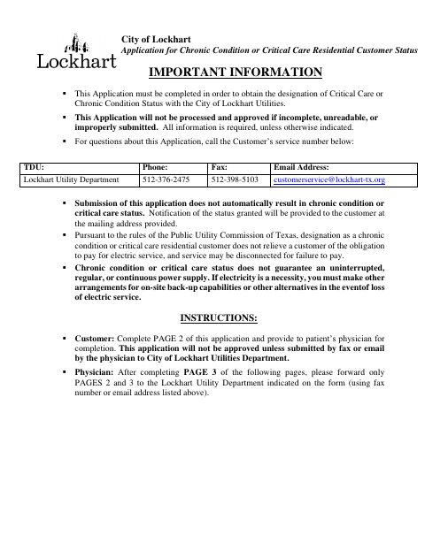 First page of the Application for Chronic Condition or Critical Care Residential Customer Status