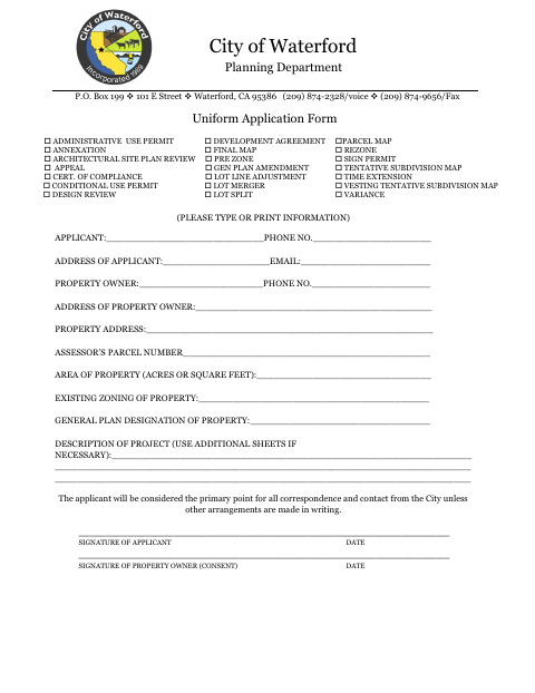 First page of the Uniform Application Form (Planning)