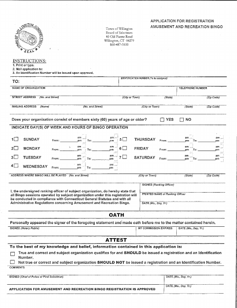 First page of the Amusement And Recreation Bingo Registration Application