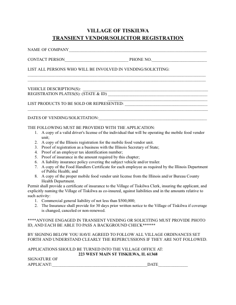First page of the Transient Vendor/Solicitor Registration