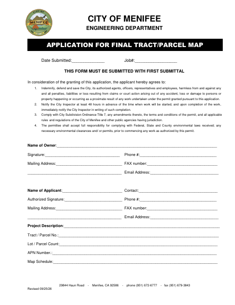 First page of the Application for Final Tract/Parcel Map