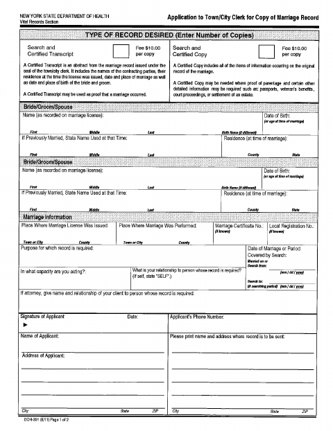 First page of the Application for Copy of Marriage Certificate
