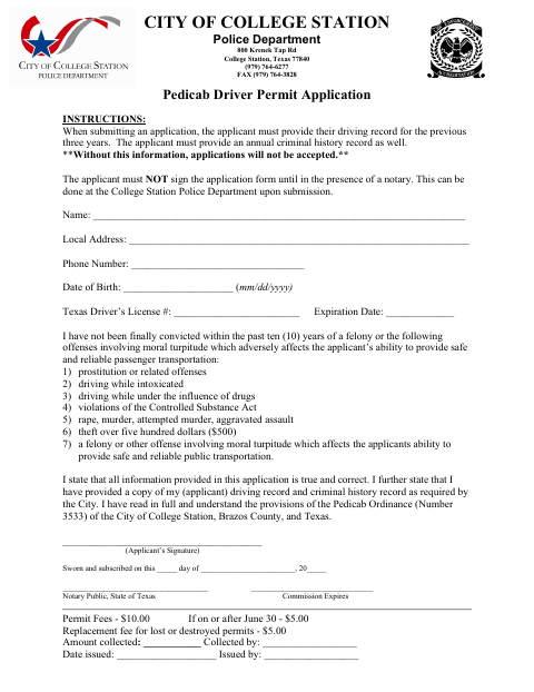First page of the Pedicab Driver Permit Application