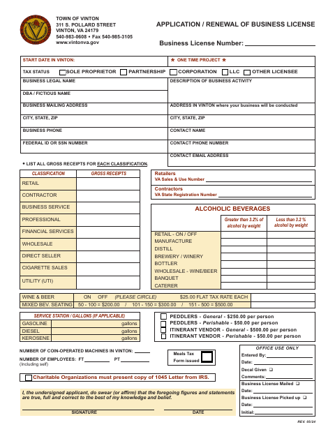 First page of the Application / Renewal of Business License
