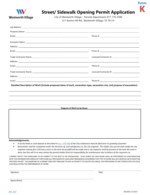 First page of the Street and Sidewalk Opening Permit Application