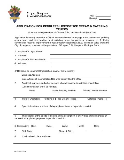 First page of the Application for Peddlers License/Ice Cream & Catering Trucks