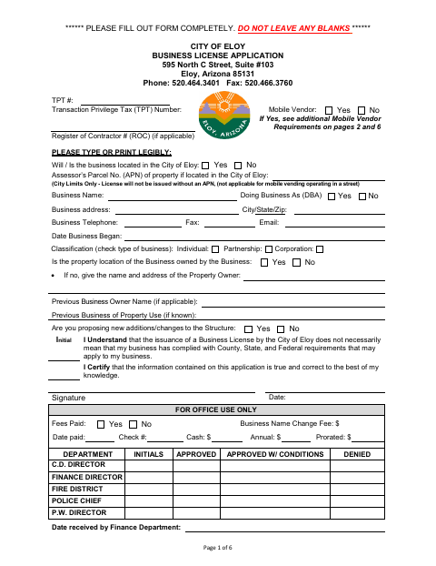 First page of the Business License Application
