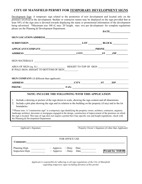 First page of the Permit For Temporary Development Signs