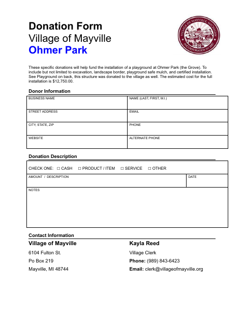 First page of the Ohmer Park Donation Form