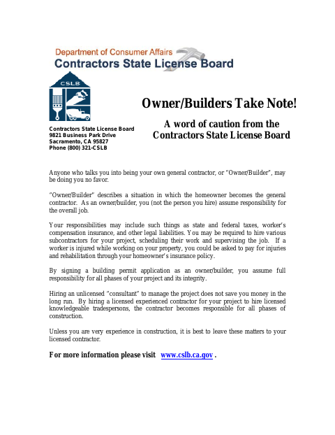 First page of the Owner-Builder Acknowledgement and Verification Form
