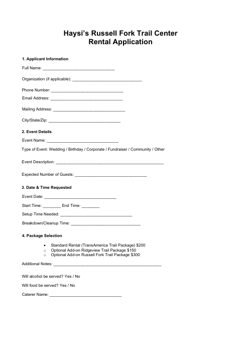 First page of the Russell Fork Trail Center Rental Application