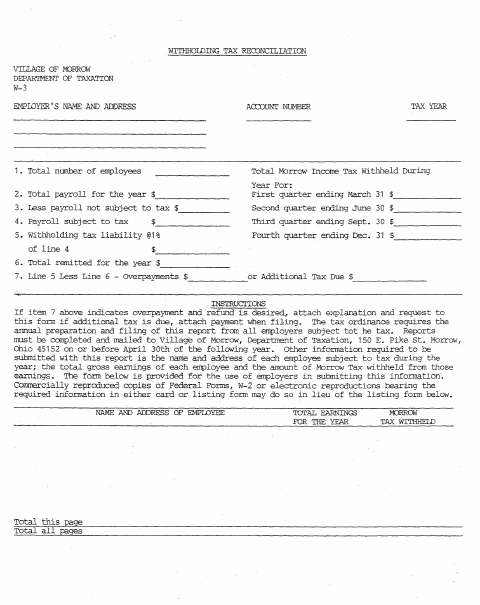 First page of the Withholding Tax Reconciliation
