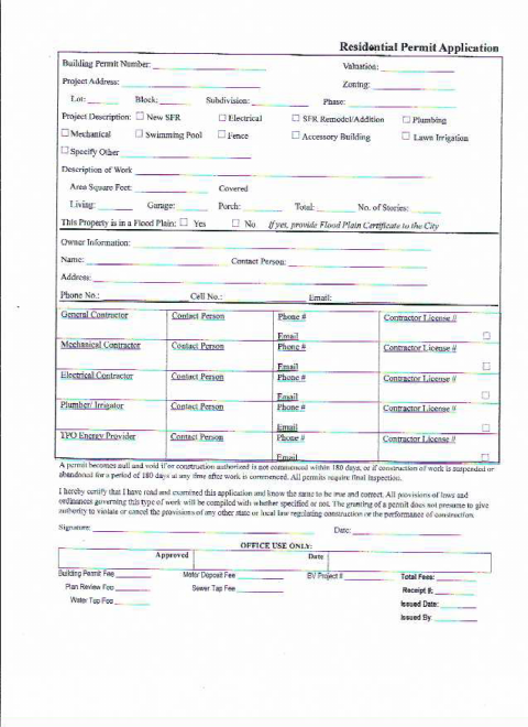 First page of the Residential Building Permit Application
