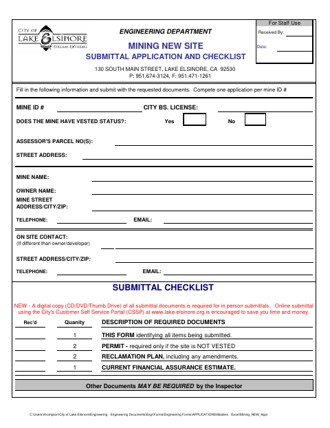 First page of the Mining New Site Submittal Application and Checklist