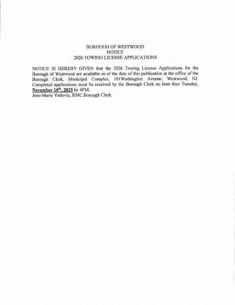 First page of the Towing License Application