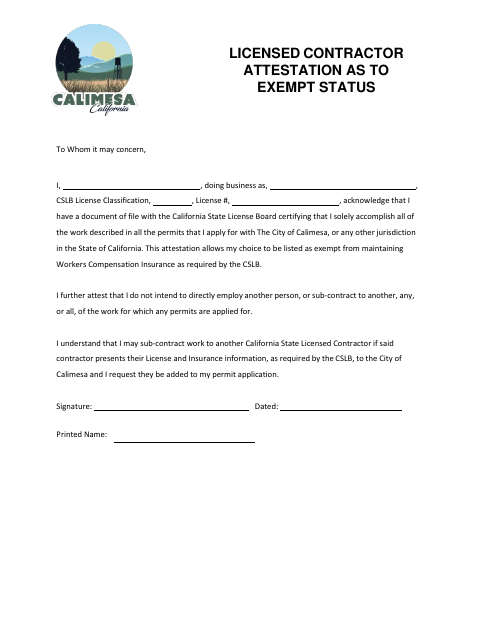 First page of the Licensed Contractor Attestation as to Exempt Status