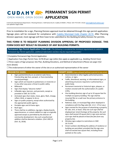 First page of the Permanent Sign Permit Application