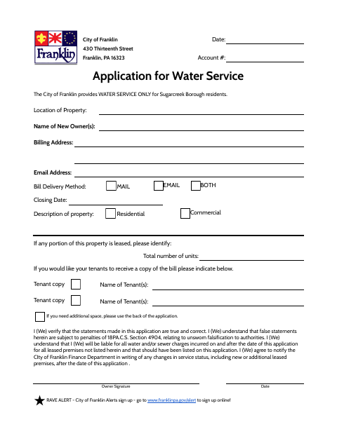 First page of the Application for Water Service