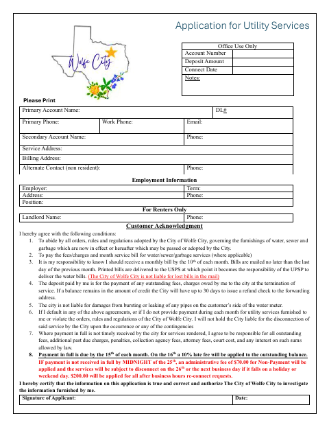 First page of the Application for Utility Services
