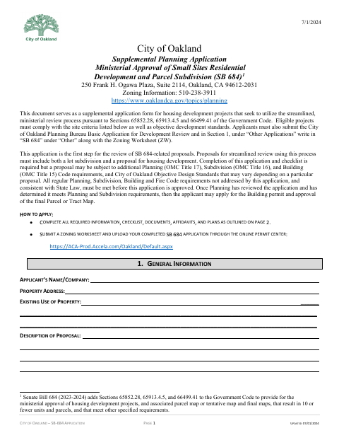 First page of the SB 684 Supplemental Planning Application