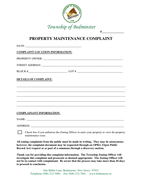 First page of the Property Maintenance Complaint Form