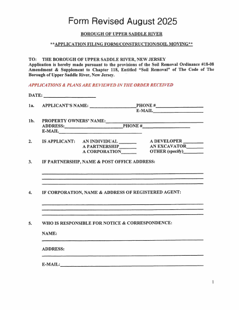First page of the Soil Moving Application Form (Revised August 2025)