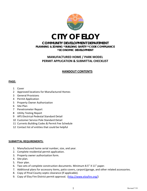 First page of the Manufactured Home / Park Model Permit Application & Submittal Checklist