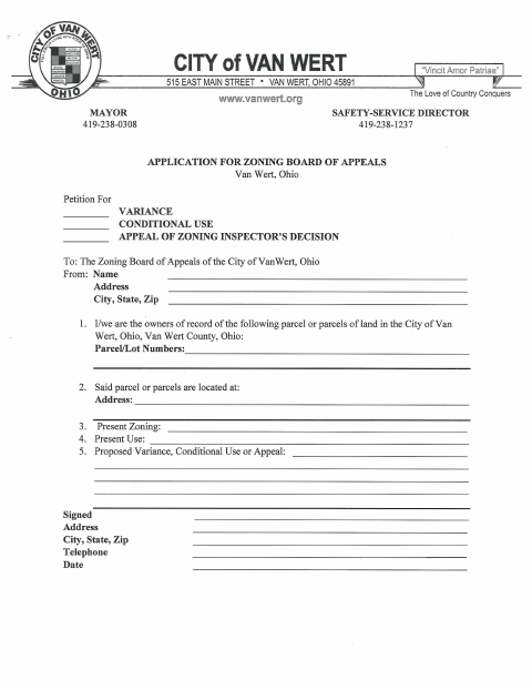 First page of the Application for Zoning Board of Appeals