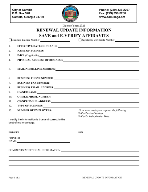 First page of the Business License Renewal SAVE and E-Verify Affidavit