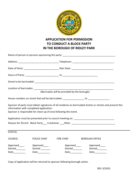 First page of the Application for Permission to Conduct a Block Party