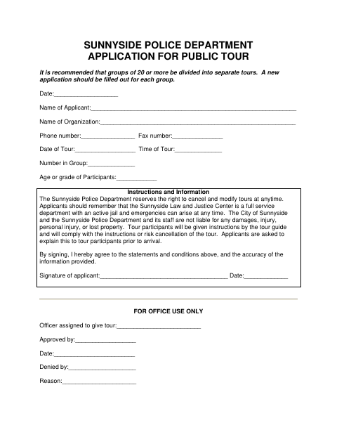First page of the Application For Public Tour
