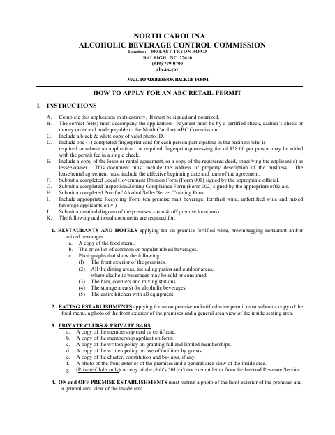 First page of the ABC Retail Permit Application