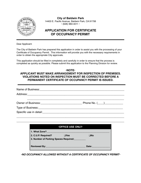 First page of the Application for Certificate of Occupancy Permit