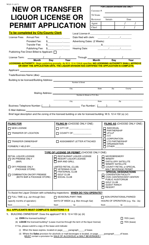 First page of the New or Transfer Liquor License Application
