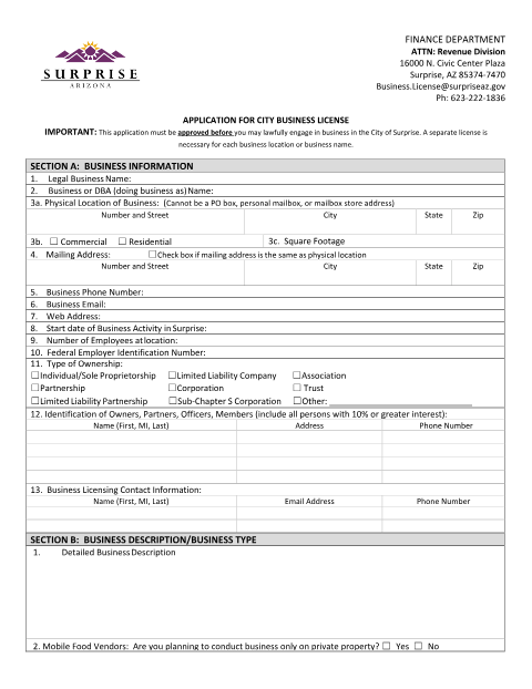 First page of the Application for City Business License