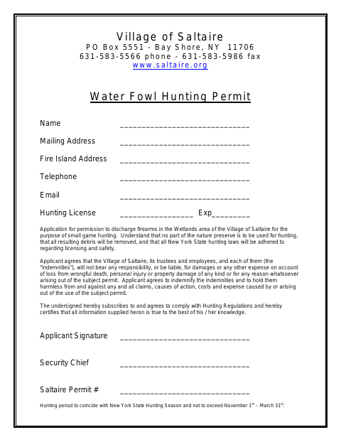 First page of the Water Fowl Hunting Permit