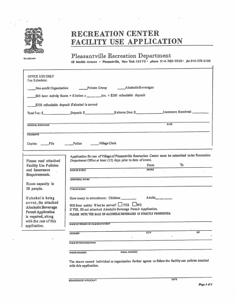 First page of the Recreation Center Facility Use Application