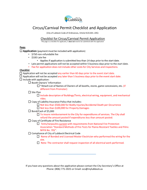 First page of the Circus/Carnival Permit Application