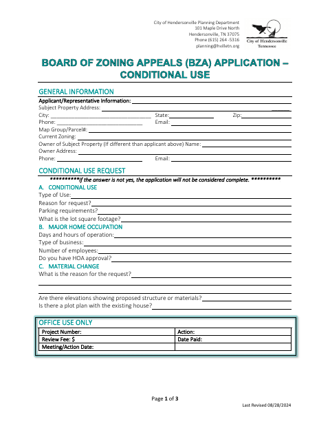 First page of the Board of Zoning Appeals Conditional Use Application