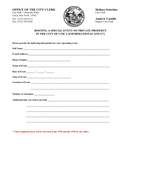 First page of the Hosting a Special Event on Private Property in the City of Utica