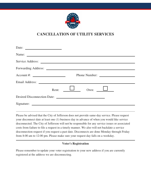 First page of the Cancellation of Utility Services