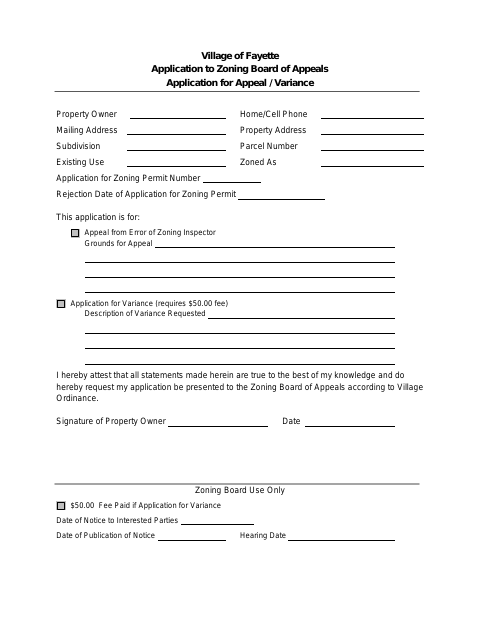 First page of the Application for Appeal / Variance