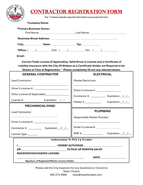 First page of the Contractor Registration Form