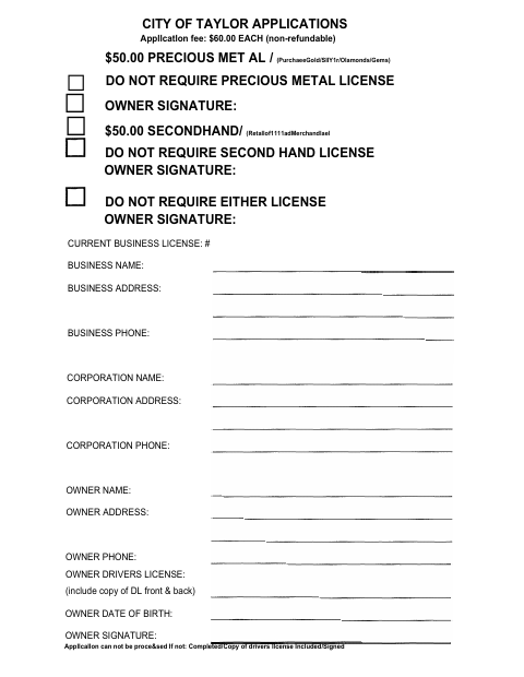 First page of the Precious Metal / Secondhand Dealer License Application